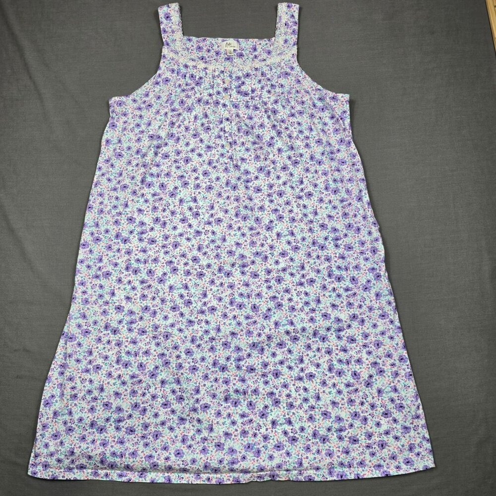Aria Collection Floral Cottage Core Nightgown L Purple White 100% Cotton